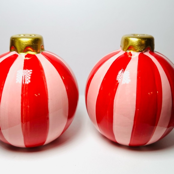 Ceramic Christmas Pink & Red Stripes Ball Ornament Salt & Pepper Shakers - Picture 2 of 8